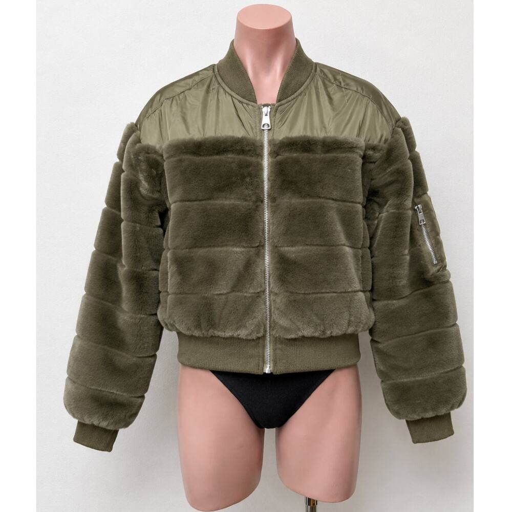NWOT Guess Felicia Super Soft Olive Green Faux Fur Bomber Jacket Side Pockets XS